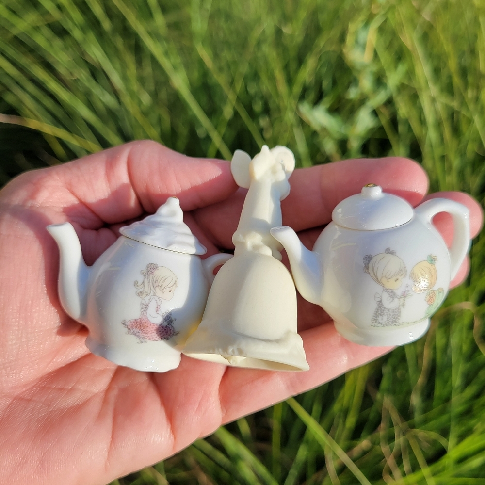 Precious Moments Smalls ~ 2 Tea Pots & A Tiny Angel Bell ~ 1990s